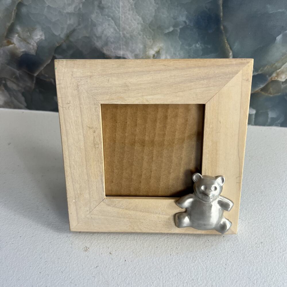 Natural Wooden Picture Frame With Silver Bear 5.5 x 5.5 in Minimal